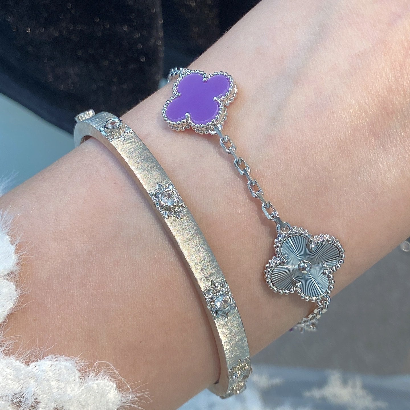 ˇGilded EraˇCLOVER 5 MOTIFS PURPLE VIOLET BRACELET SILVER